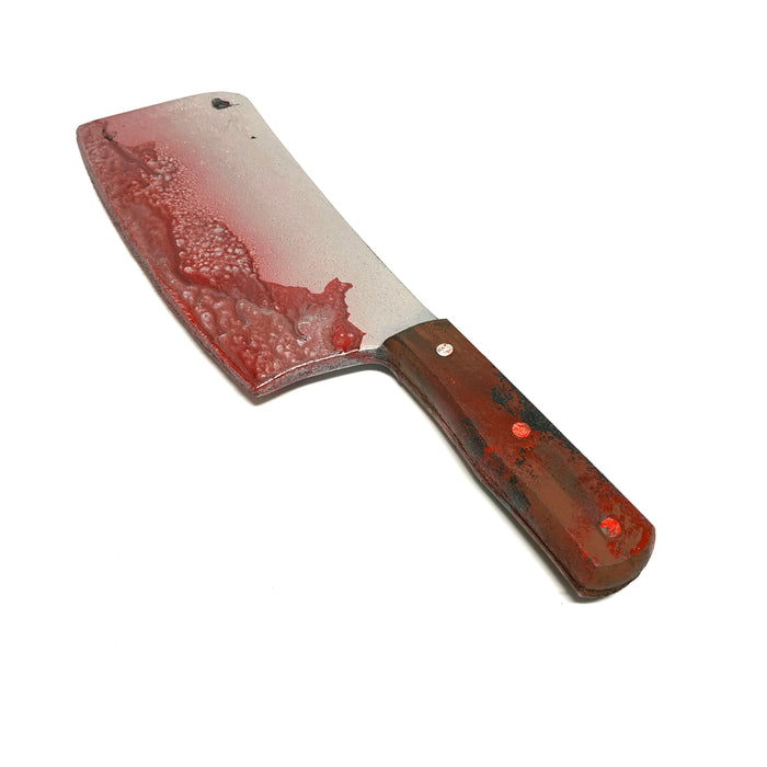 Plastic Kitchen Cleaver Blade Knife Prop - BLOODY - Bloodied Silver Blade with Brown Handle