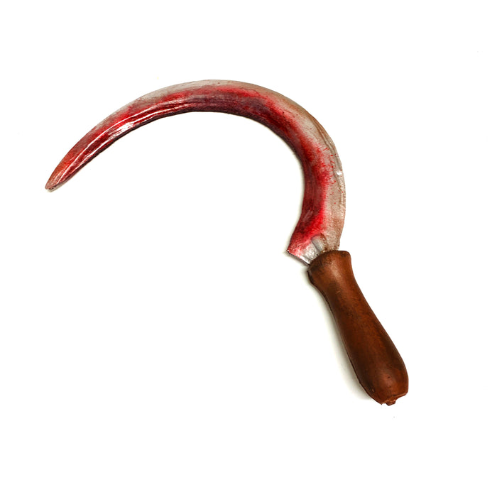 Foam Rubber Hand Sickle - BLOODY - Bloodied Silver Head with Aged Handle