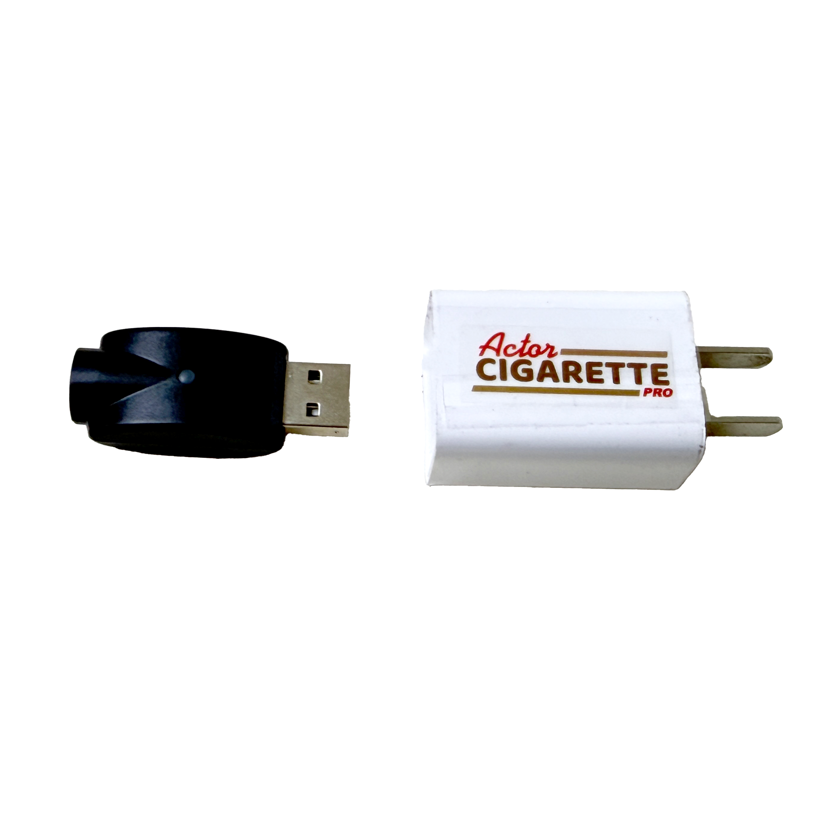 Actor Cigarette Charger Unit - Replacement featuring a black USB-A plug and a white two-prong wall adapter, essential for charging Actor Cigarette Pro system only.