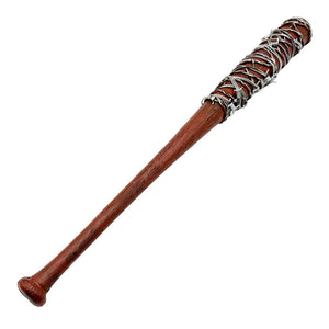 right facing Dark woodgrain baseball bat with silver barbwire wrapped around top half on white background
