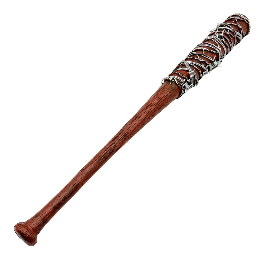 right facing Dark woodgrain baseball bat with silver barbwire wrapped around top half on white background