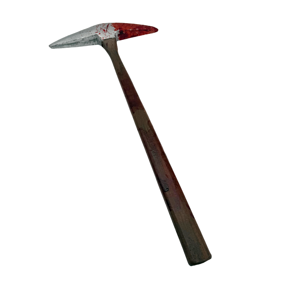 A pickhead axe with a weathered silver head splattered with red blood, and a dark brown wooden handle, isolated on a white background.