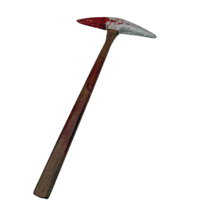 A pickhead axe with a weathered silver head splattered with red blood, and a dark brown wooden handle, isolated on a white background.
