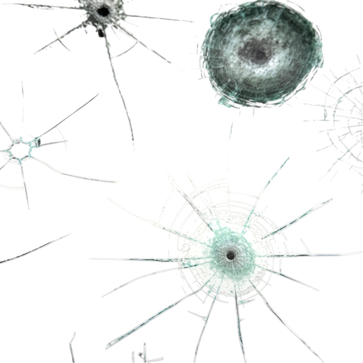 Close-up of Glass Hits Collection 2 decals showing fine radial cracks and dense shattered-glass impact patterns.