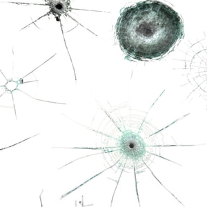 Close-up of Glass Hits Collection 2 decals showing fine radial cracks and dense shattered-glass impact patterns.