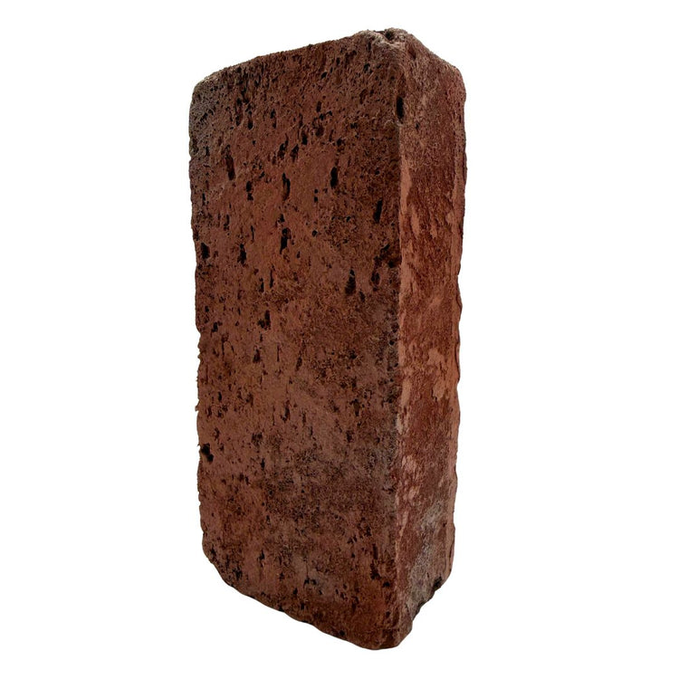 A single rectangular red clay brick with a rough, porous texture, isolated on a white background.