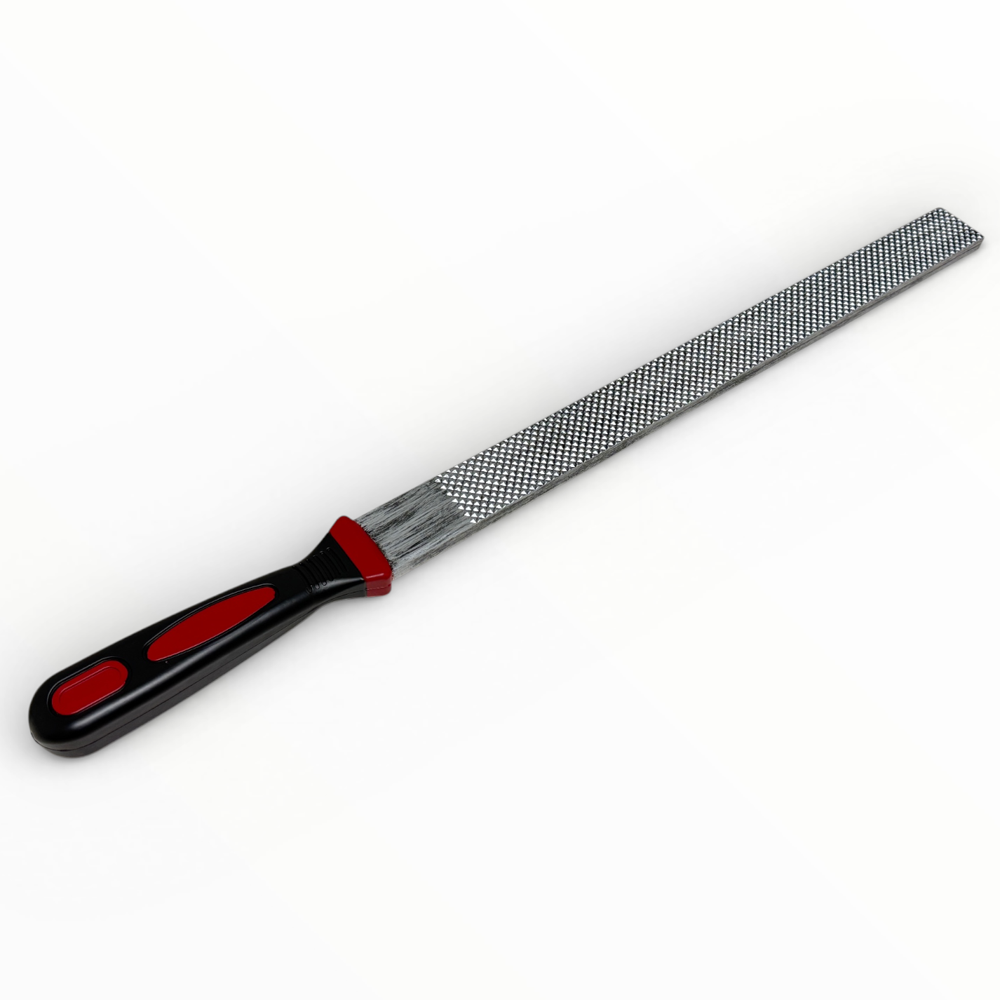 Metal file with black and red handle on a white background