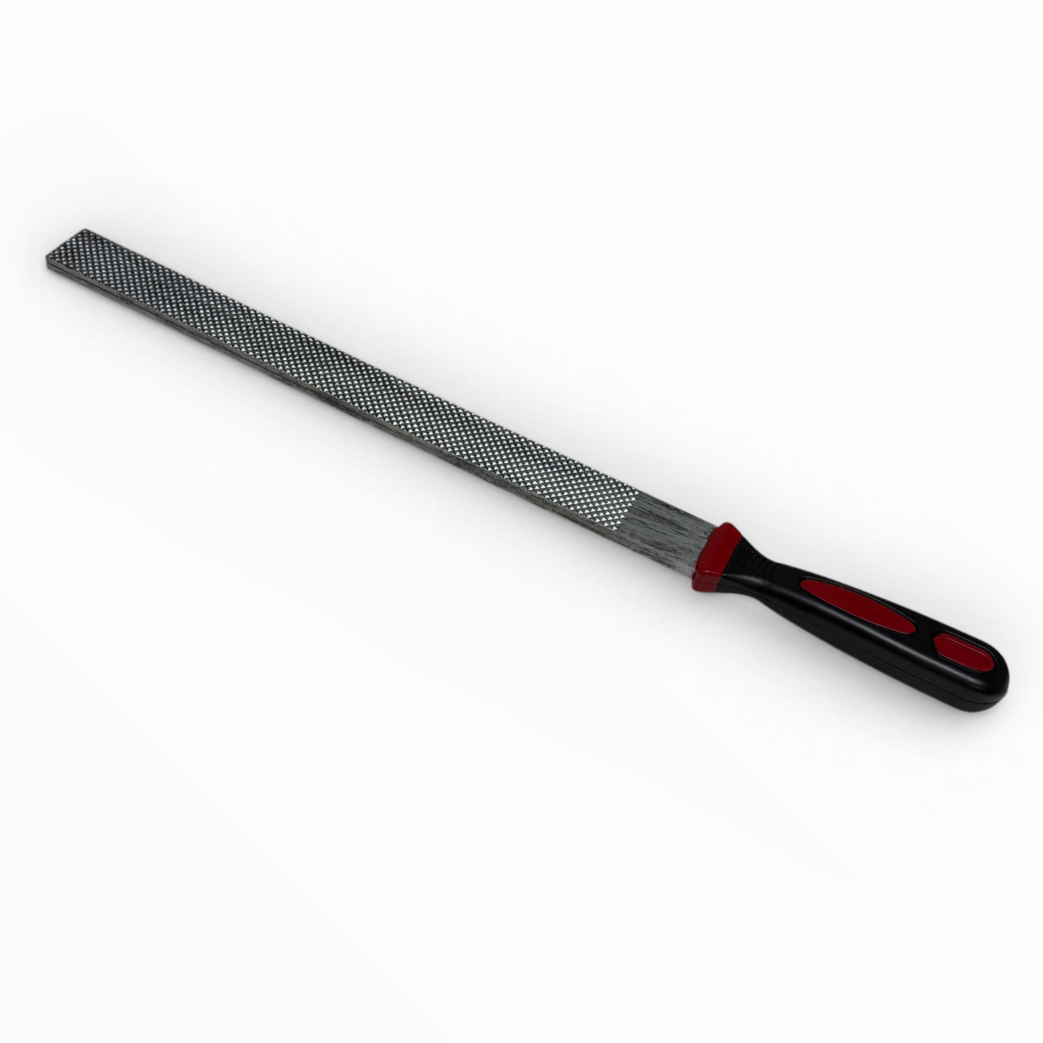 Metal file with black and red handle on a white background