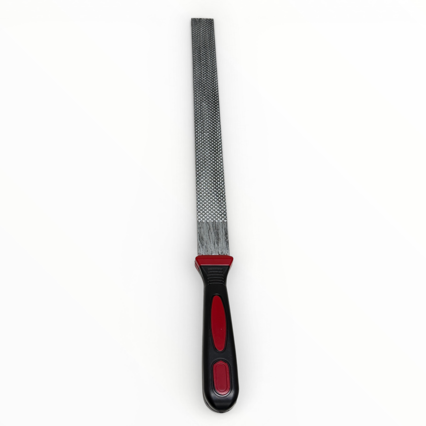 Metal file with red handle on a white background