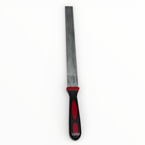 Metal file with red handle on a white background