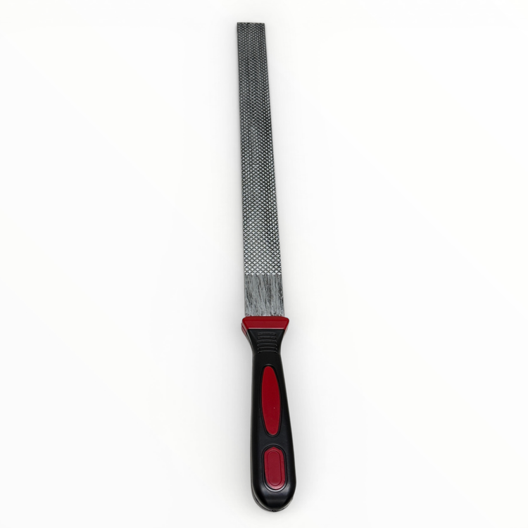 Metal file with red handle on a white background