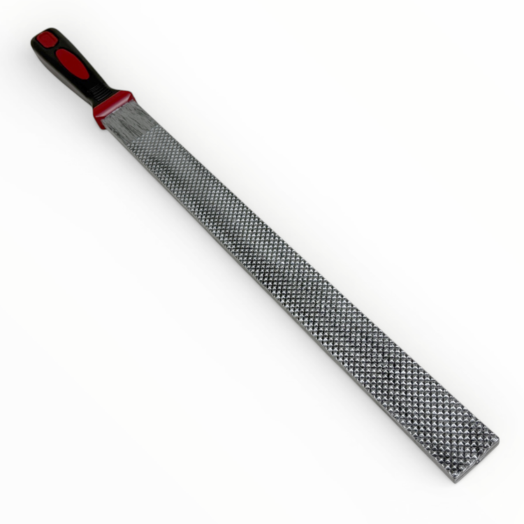 Metal file with a black and red handle on a white background