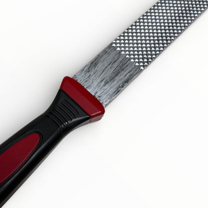 Metal file with red and black handle on a white background