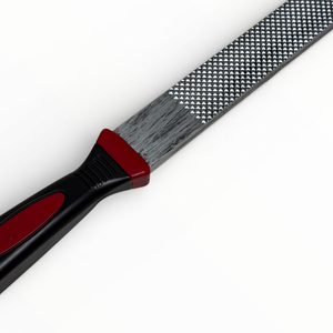 Diamond rasp tool with red handle on a white background