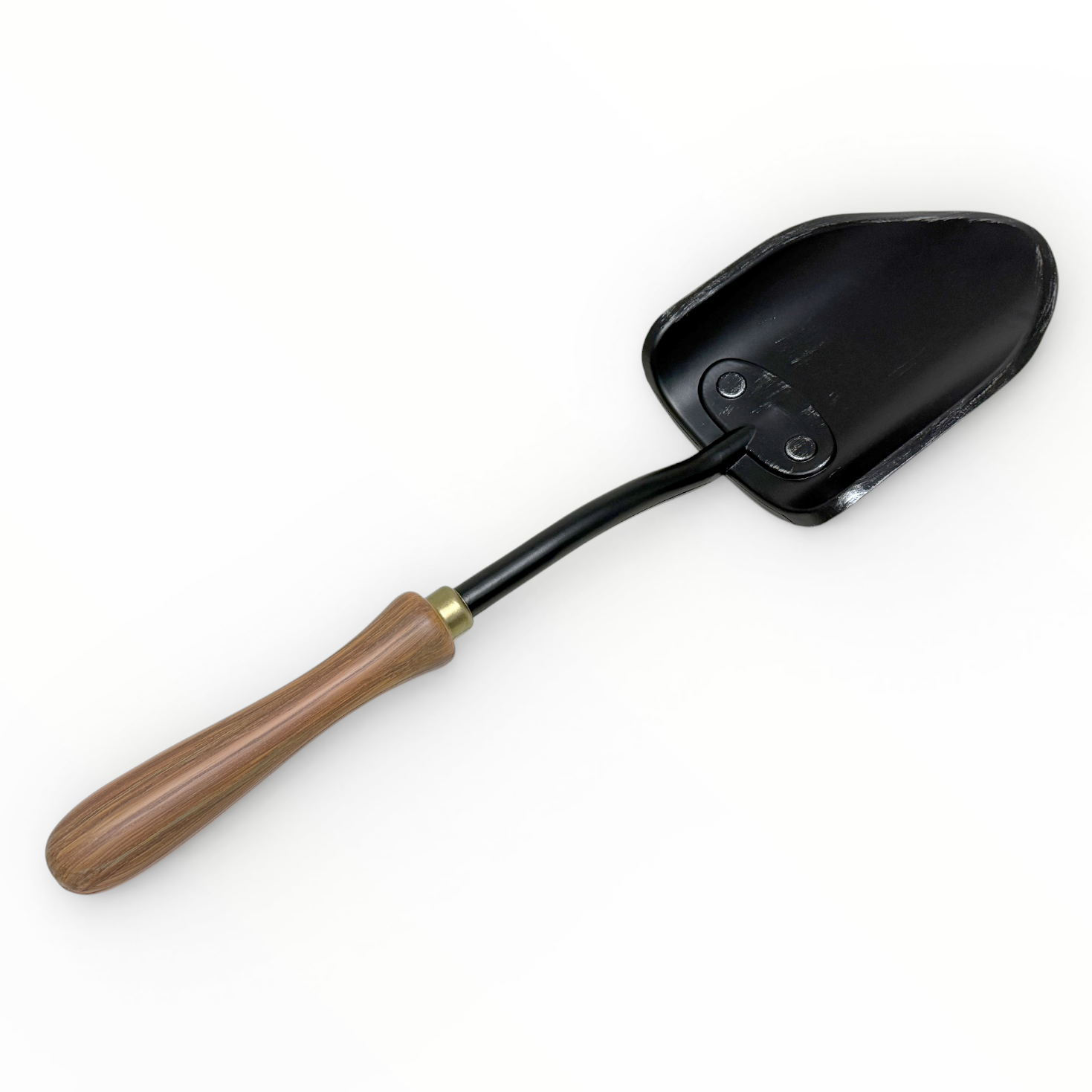 Black metal shovel with a brown wooden handle on a white background