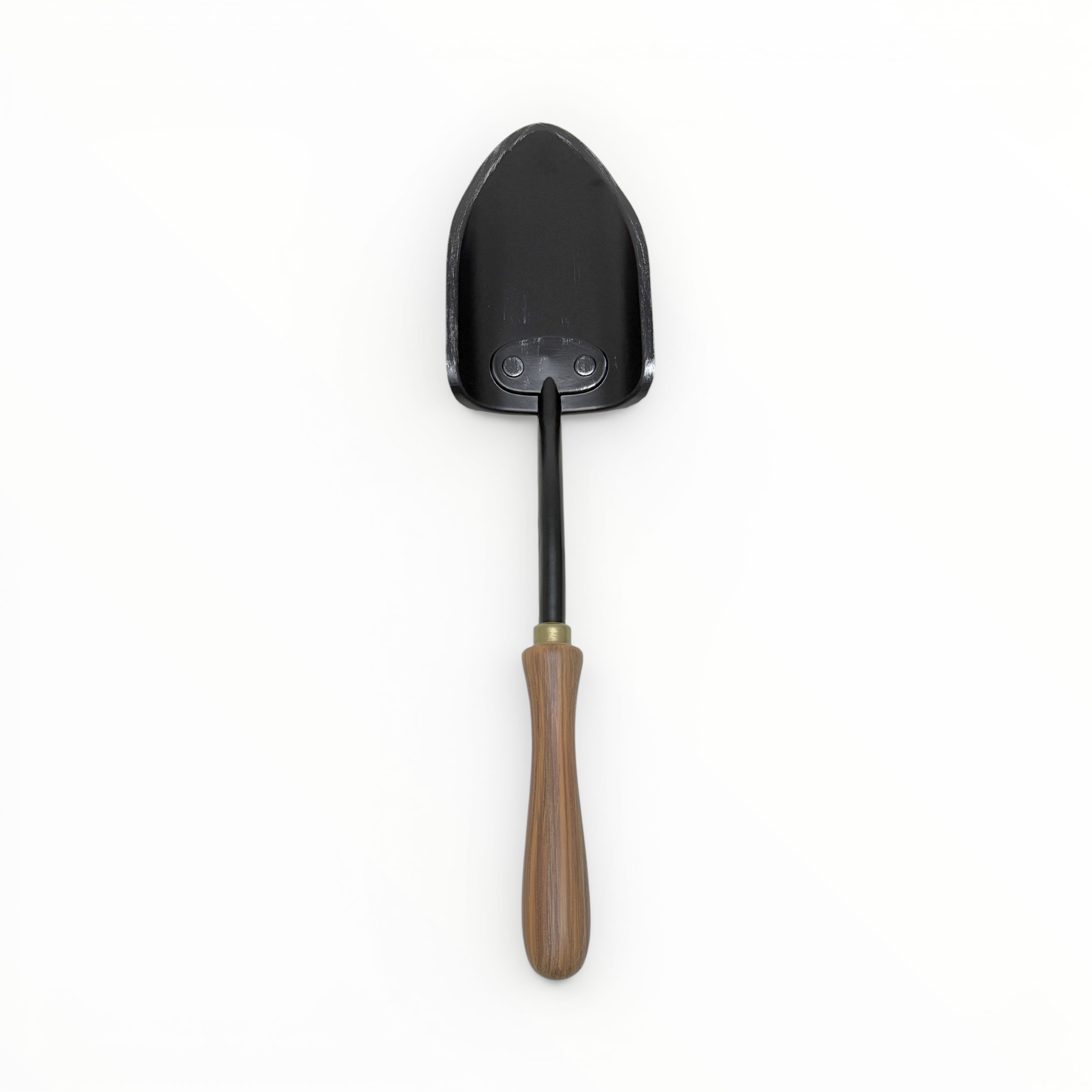 Black gardening shovel with a wooden handle on a white background