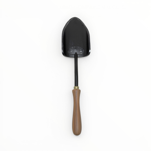 Black gardening shovel with a wooden handle on a white background