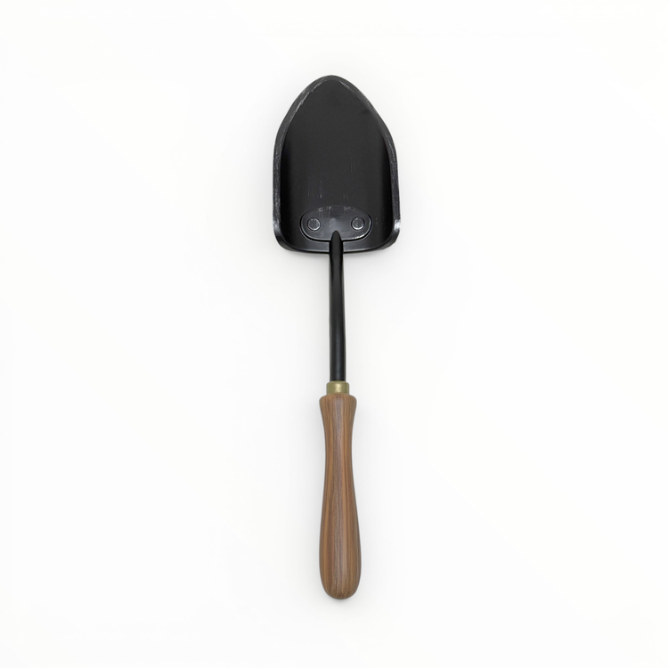Black gardening shovel with a wooden handle on a white background