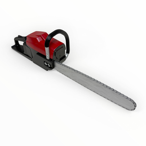 Red and black chainsaw on a white background