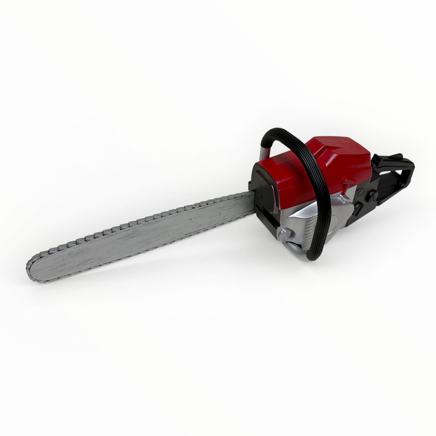 Red and black chainsaw on a white background