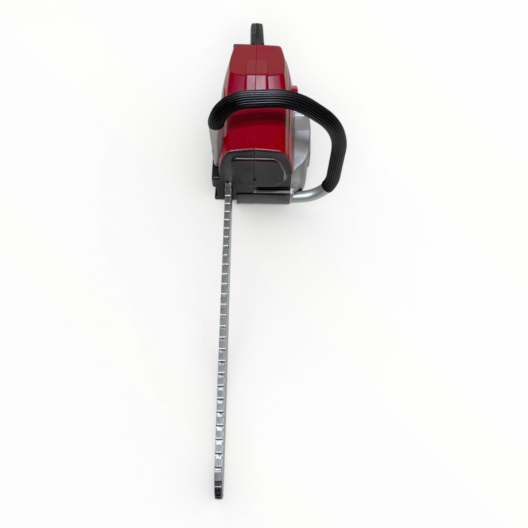 Red and black chainsaw on a white background