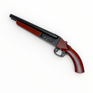 Shooting gun with wooden stock and black metal parts on a white background
