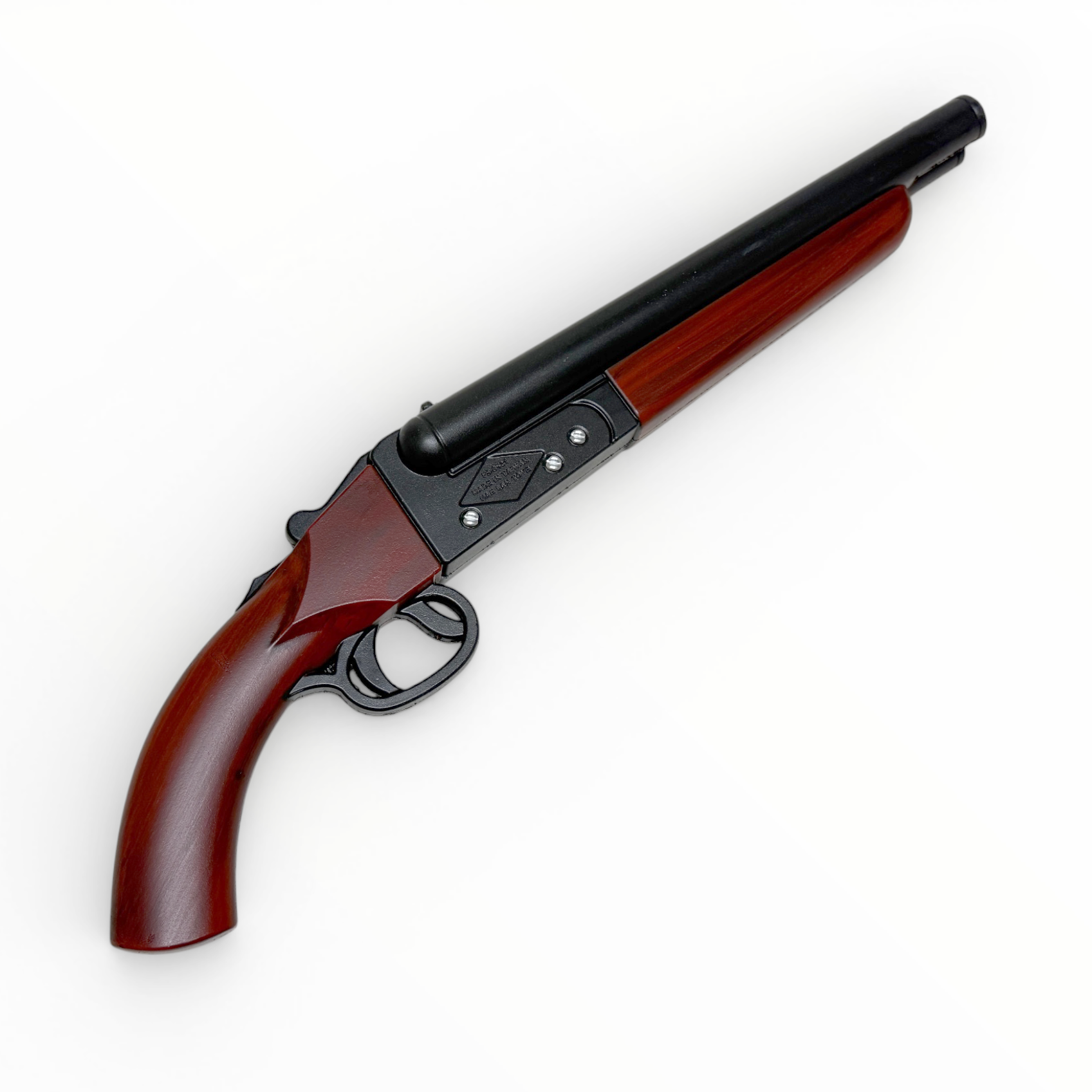 Shooting gun with wooden stock and black metal parts on a white background