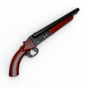 Shooting gun with wooden stock and black metal parts on a white background
