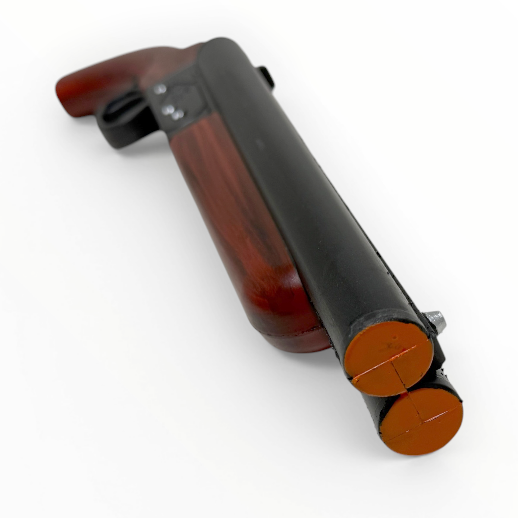 Wooden and black rifle with a white background