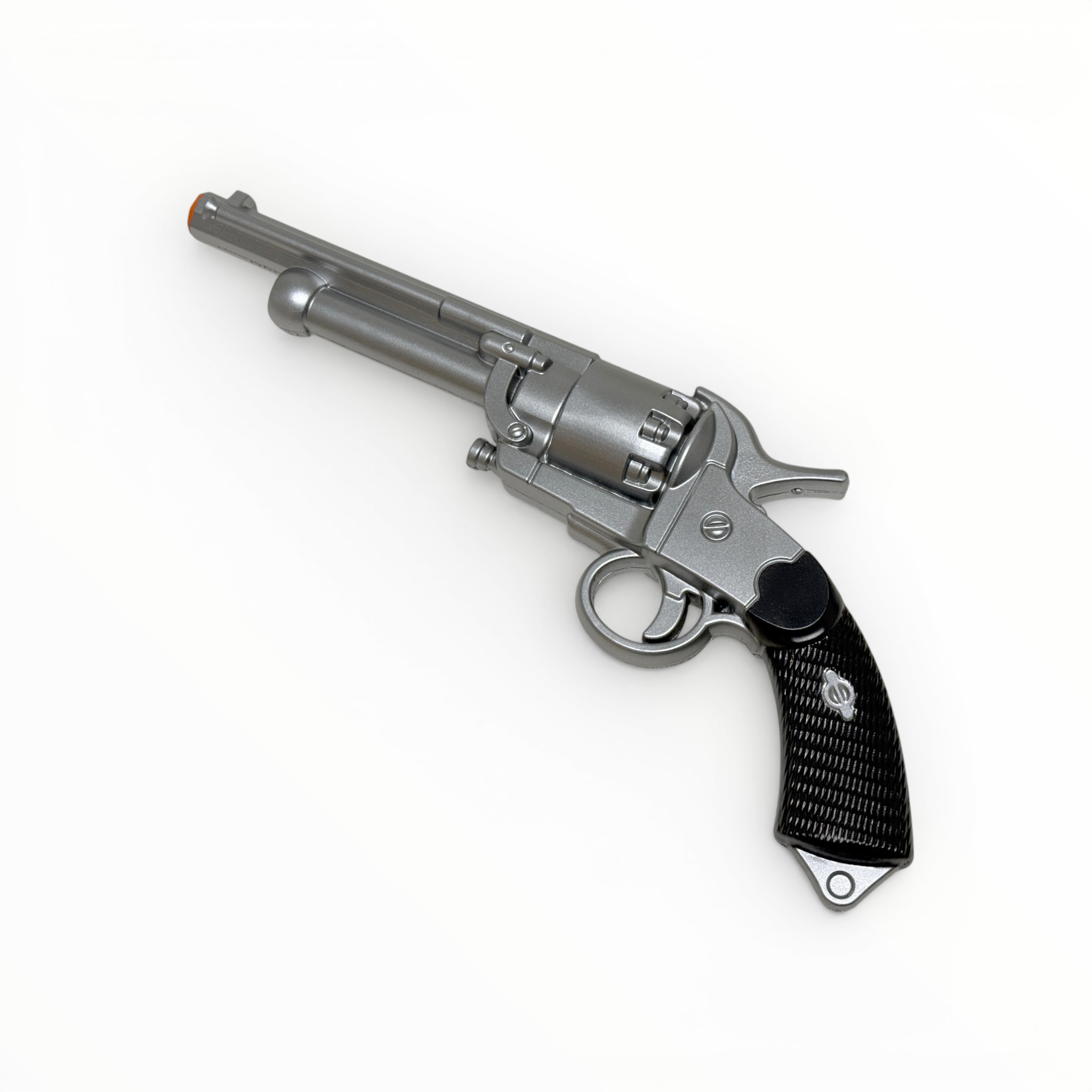 Silver revolver with black grip on a white background