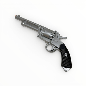 Silver revolver with black grip on a white background