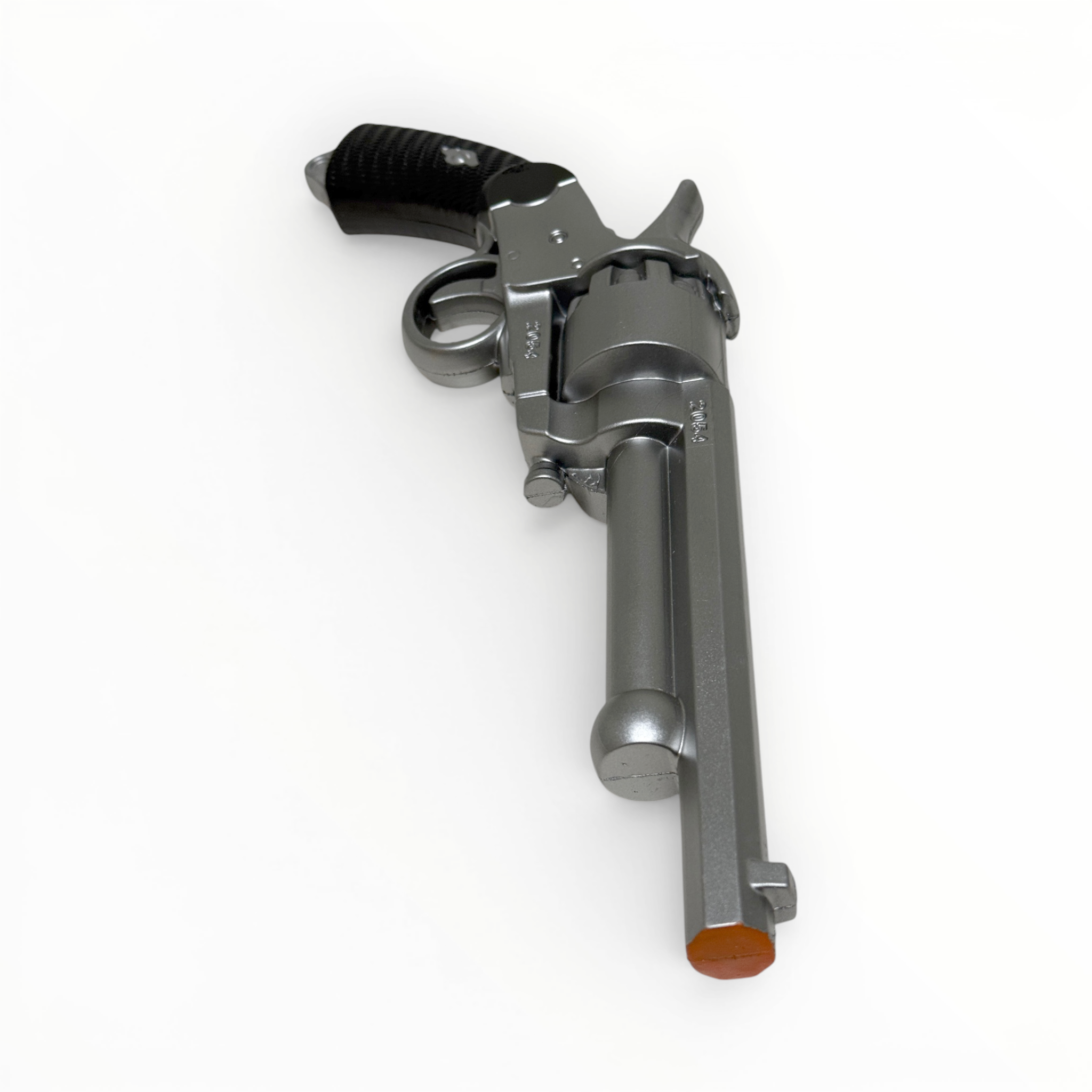 Silver toy revolver on a white background