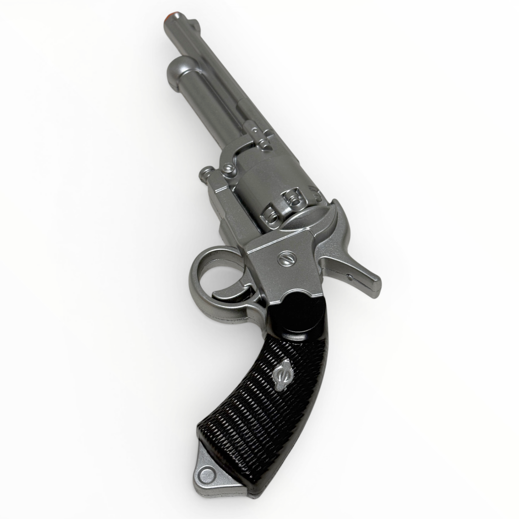 Silver revolver with black grip on a white background