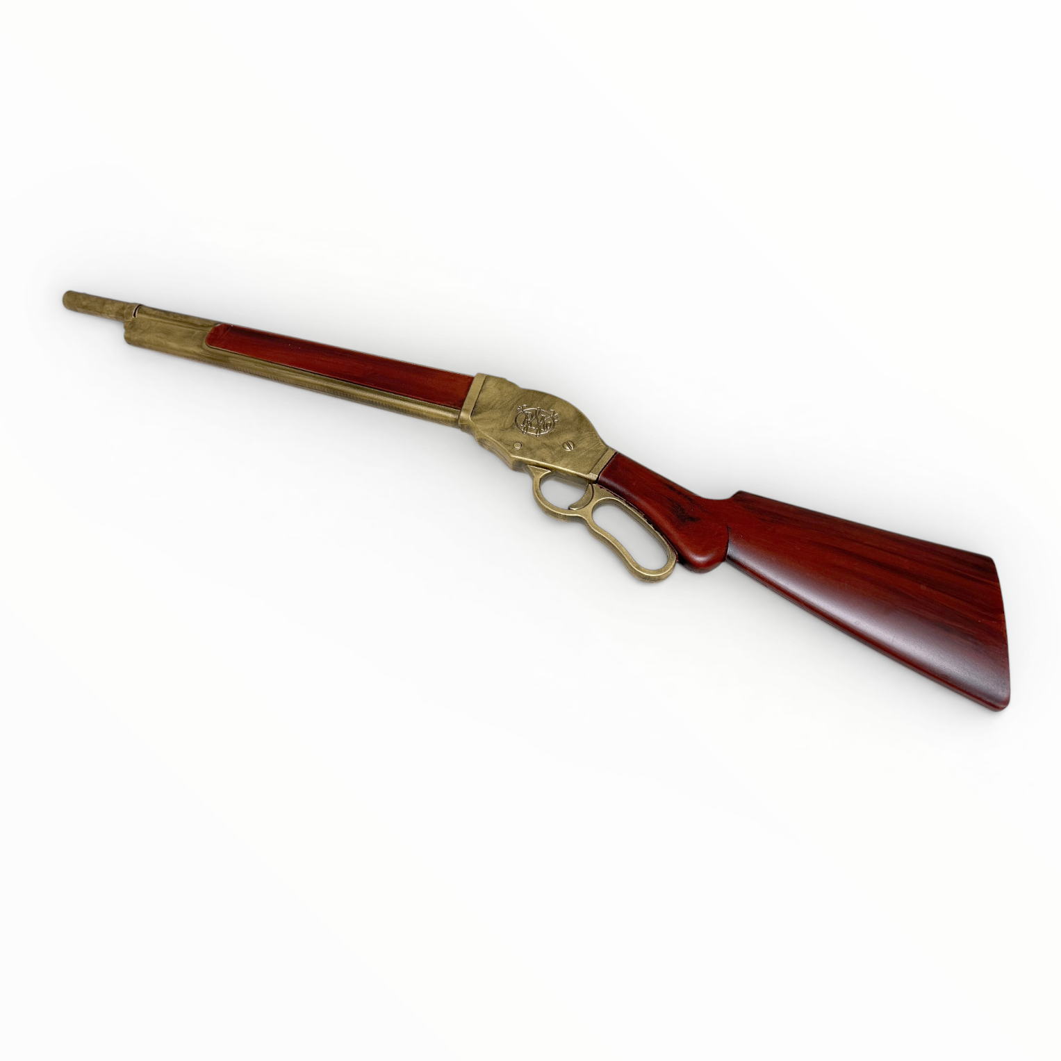 Model of a wooden gun with brass accents on a white background