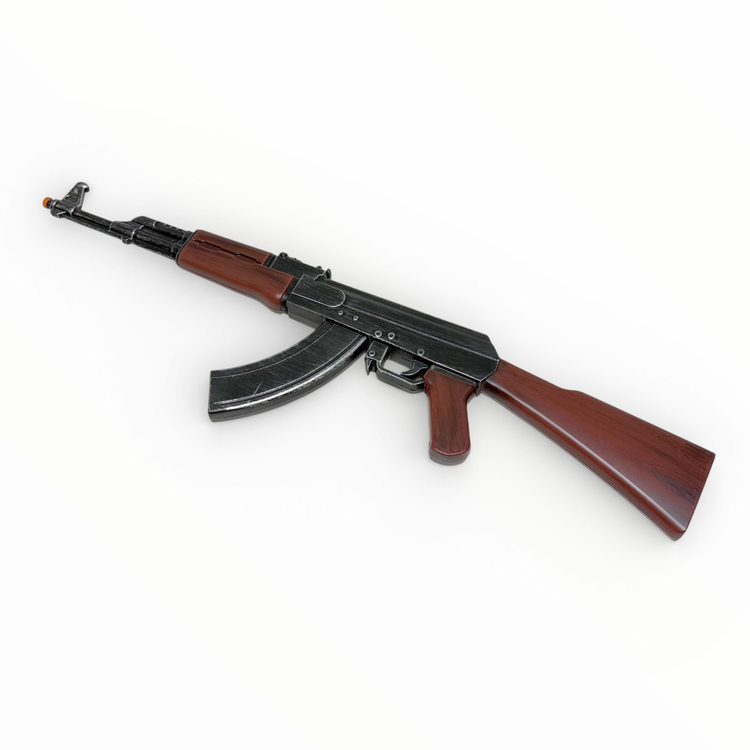 Assault rifle with brown stock and black metal on a white background