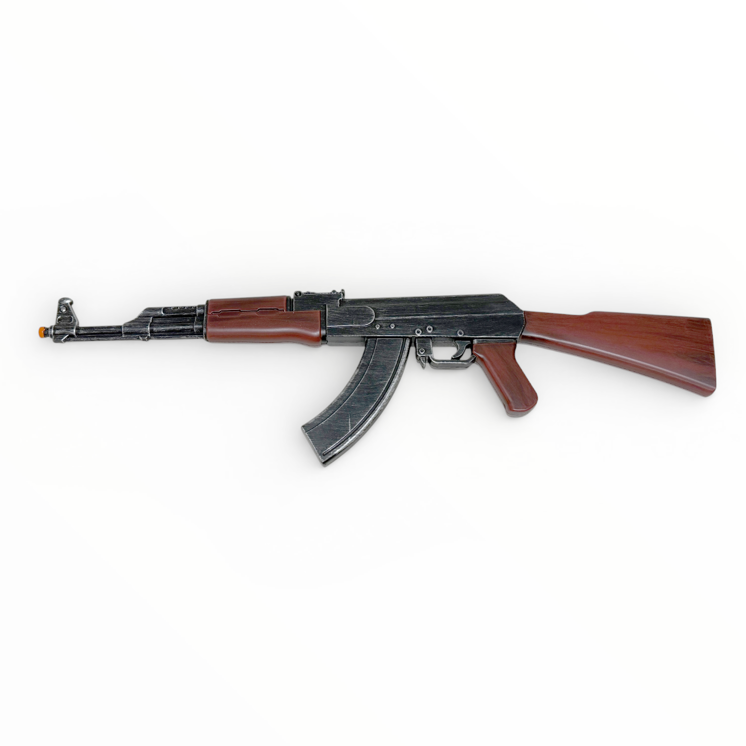 Toy rifle with wooden stock and black metal parts on a white background