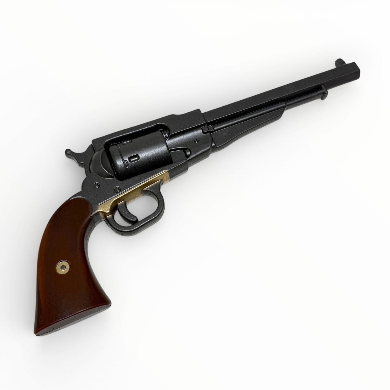 Revolver with brown handle on a white background