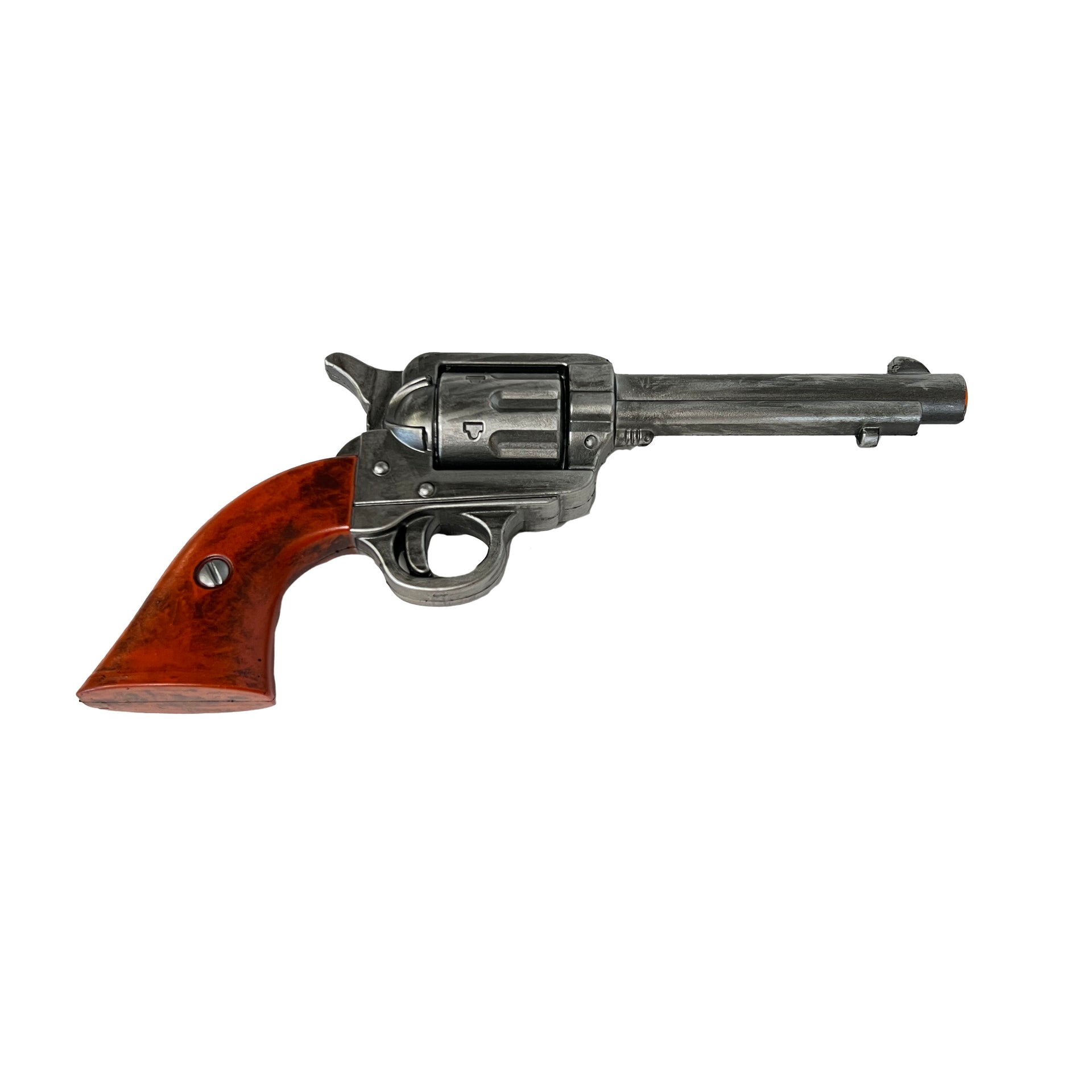 Right side view 12 inch foam Western style revolver prop featuring a dark wood style handle and metallic finish, designed for safe use in film or theatrical productions