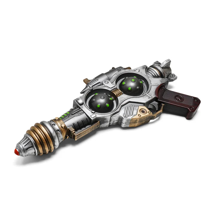 Steampunk-style weapon with green glowing elements on a white background