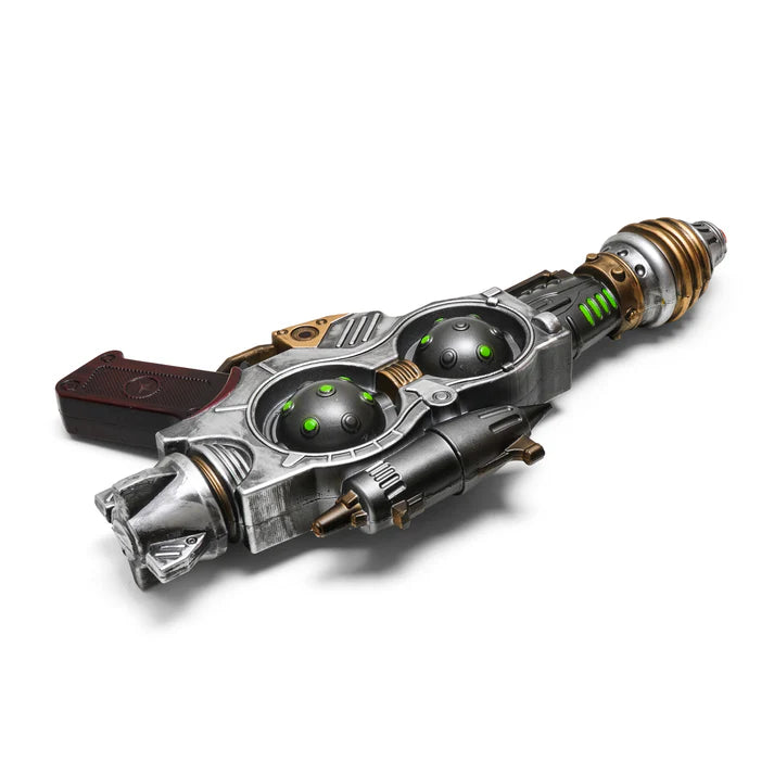 Steampunk-style device with mechanical components on a white background