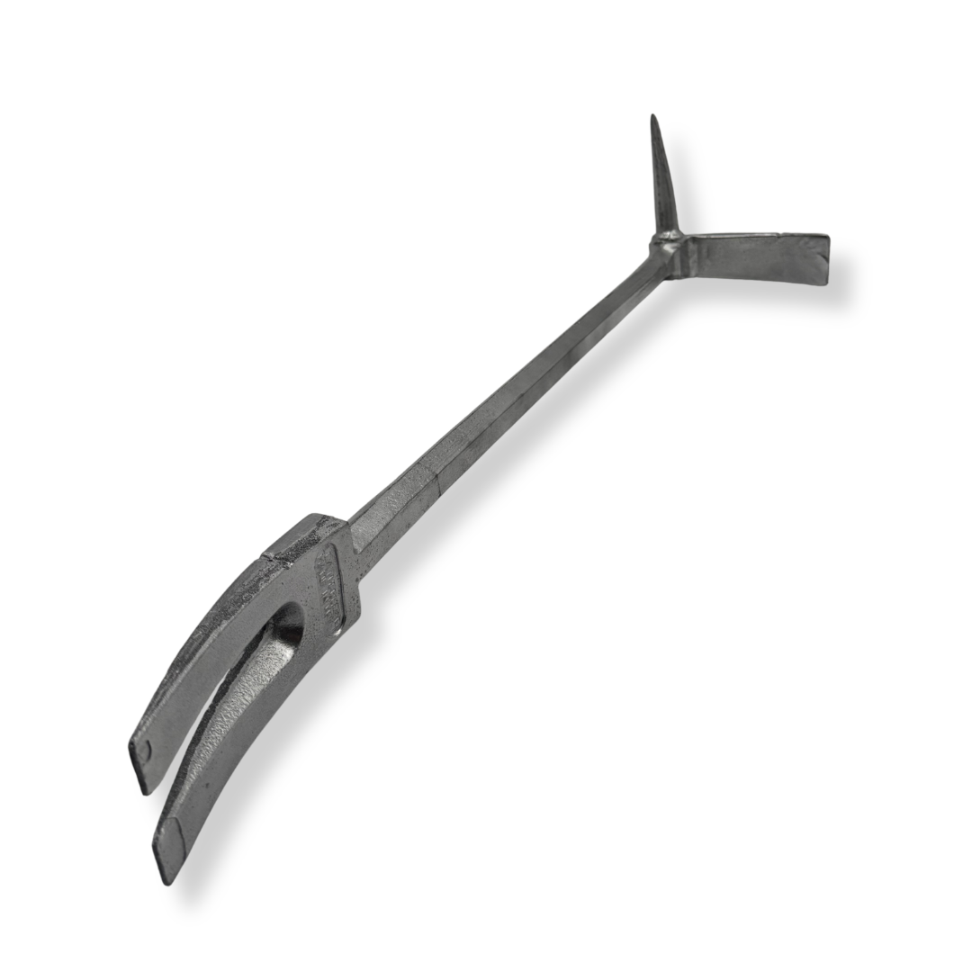 A dark gray cast iron foam forcible entry fireman tool with a long handle and a forked end, shown on a plain white background.