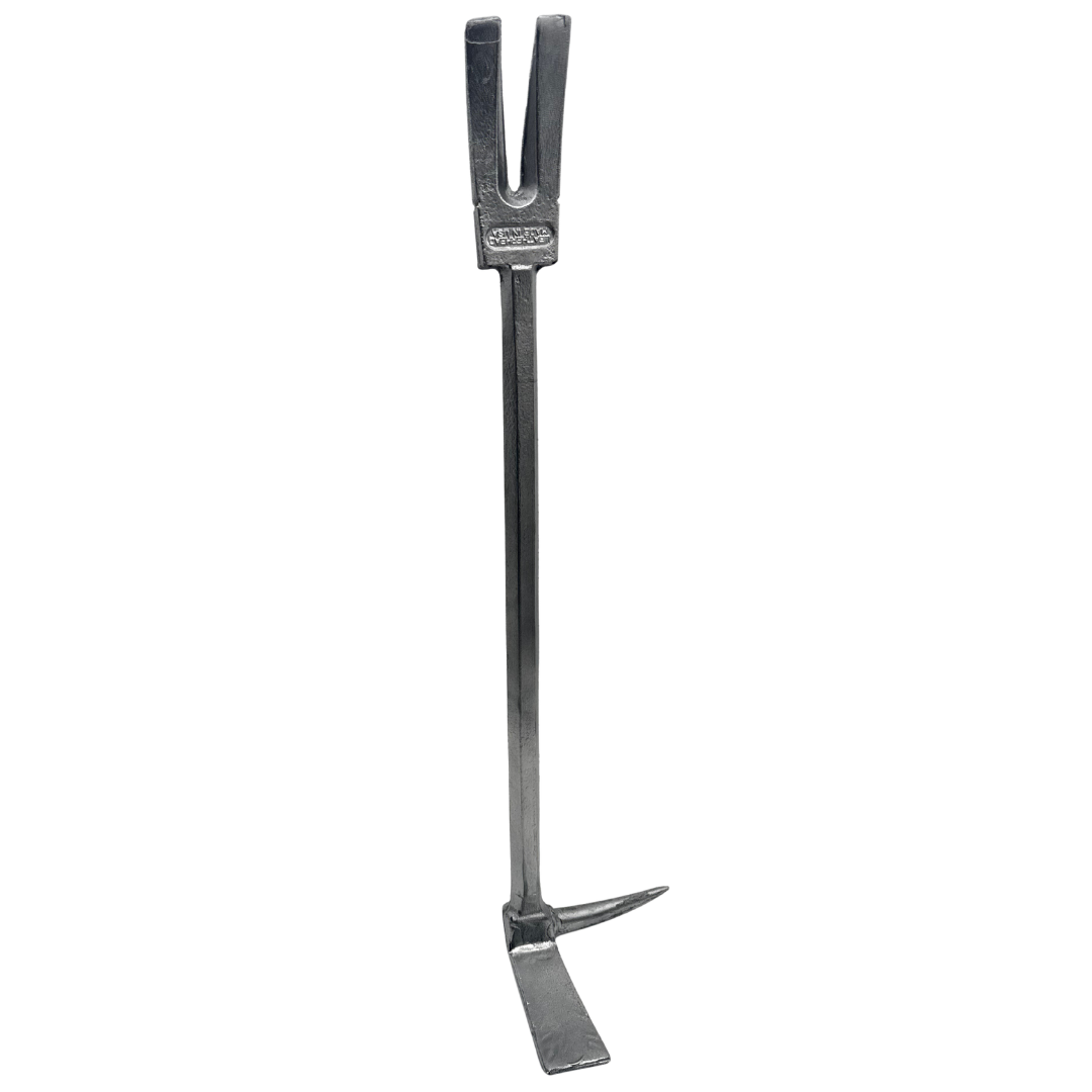 A dark gray cast iron foam forcible entry fireman tool with a long handle and a forked end, shown on a plain white background.