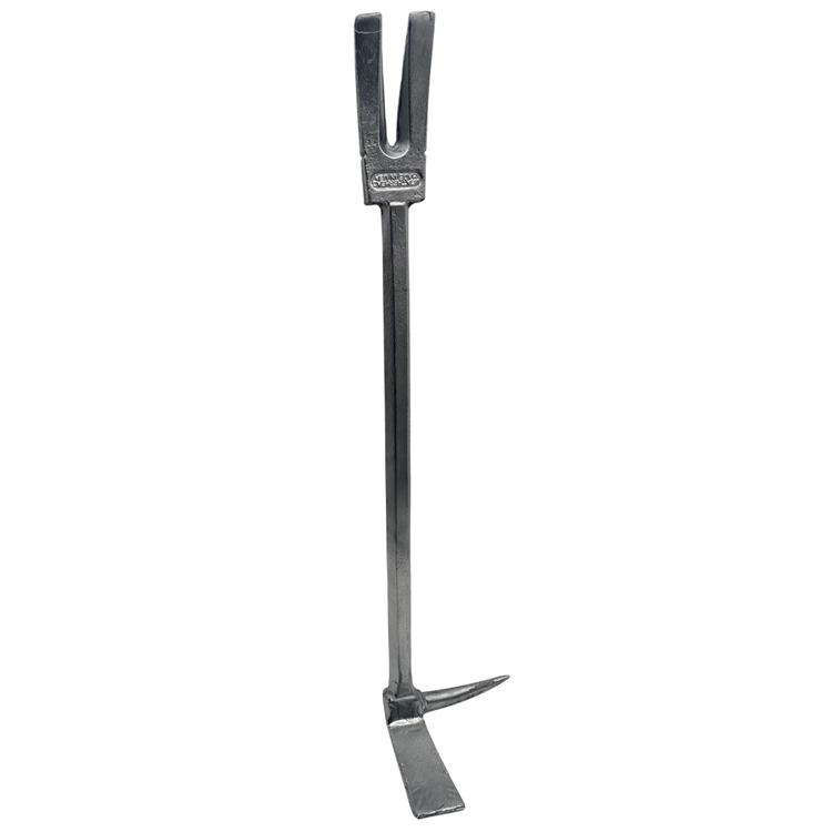 A dark gray cast iron foam forcible entry fireman tool with a long handle and a forked end, shown on a plain white background.