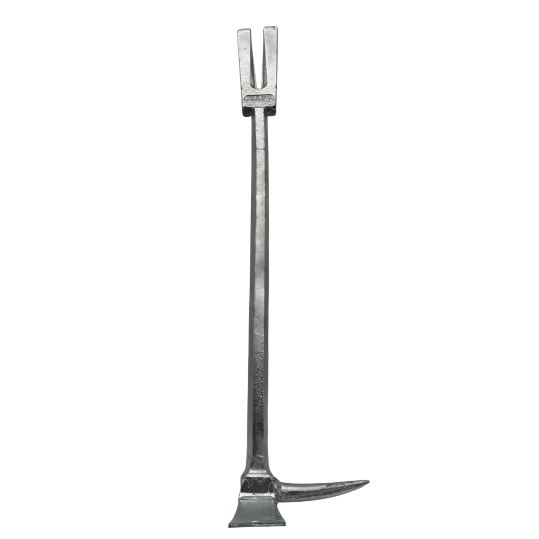 A dark gray cast iron foam forcible entry fireman tool with a long handle and a forked end, shown on a plain white background.