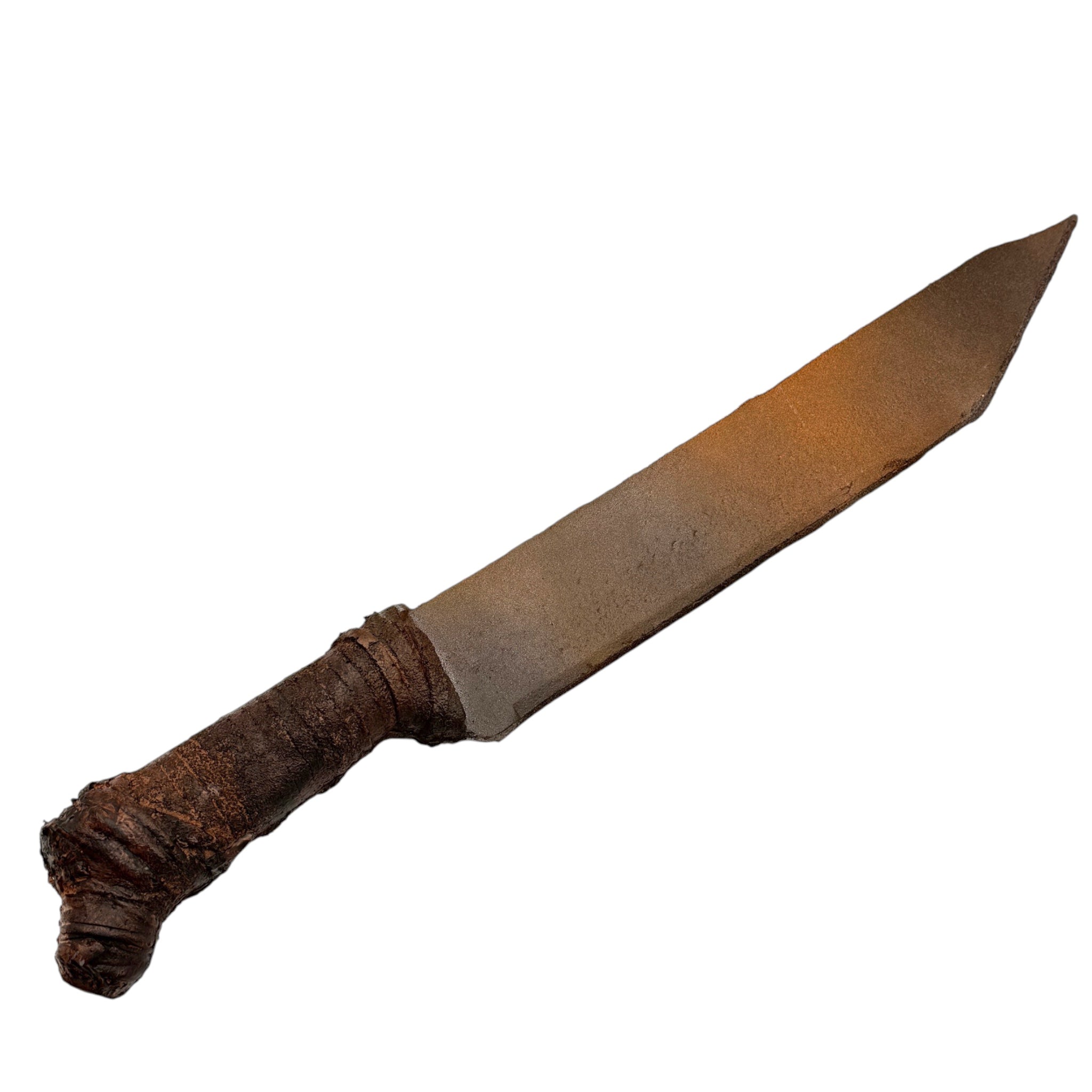 A vintage-style machete or knife with a weathered, rusted brown blade and a textured, dark brown wrapped handle, isolated on a white background.