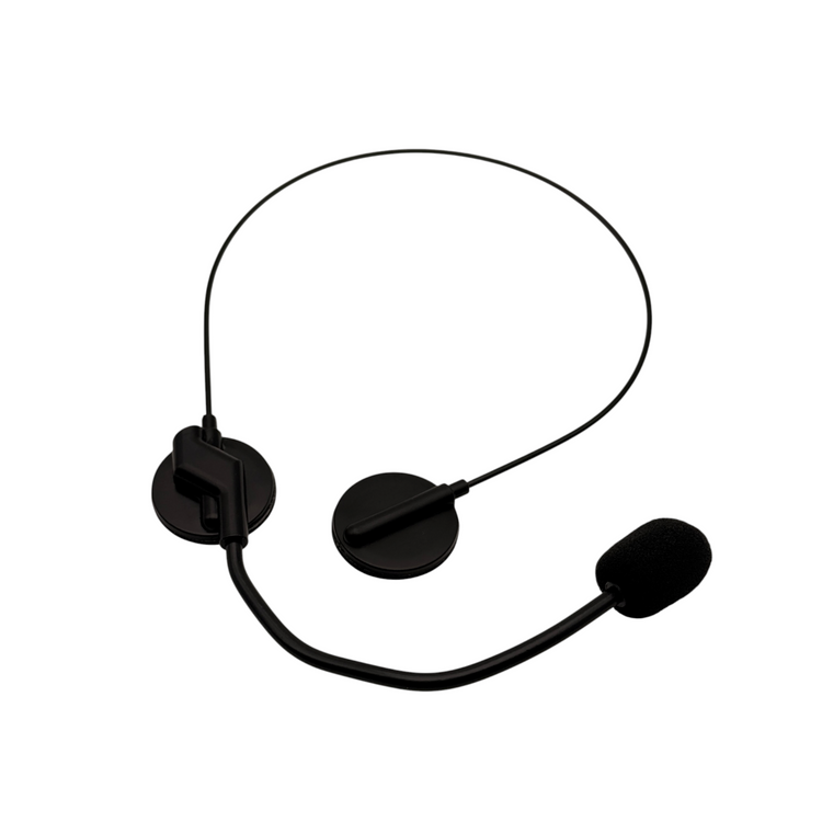 Black non-functioning headset microphone prop with a slim headband, round earpieces and foam-covered boom.
