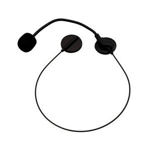 Overhead view of the black headset microphone prop, showing its circular headband, earpieces and curved boom.