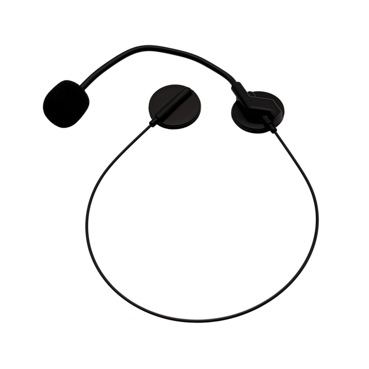 Overhead view of the black headset microphone prop, showing its circular headband, earpieces and curved boom.
