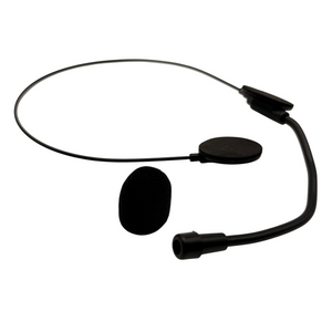 Headset microphone prop with its foam windscreen removed and placed beside the curved boom.