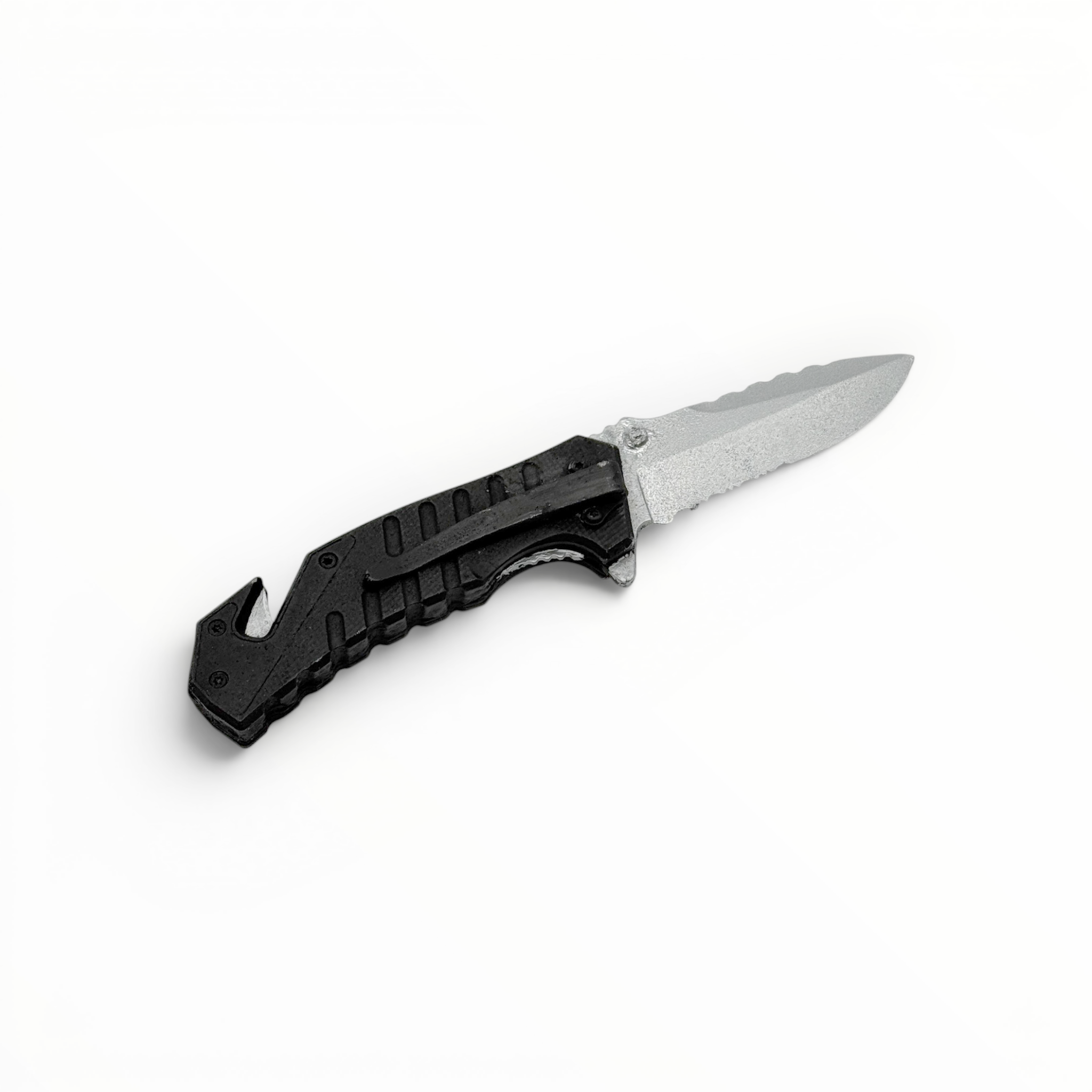 Folding knife with black handle on a white background